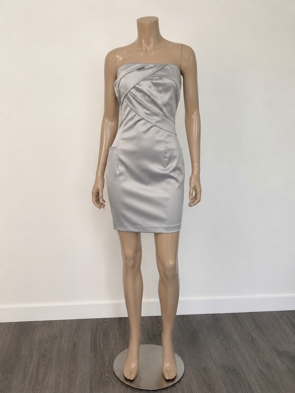 Kensie Silver Strapless Satin Midi Sheath Dress